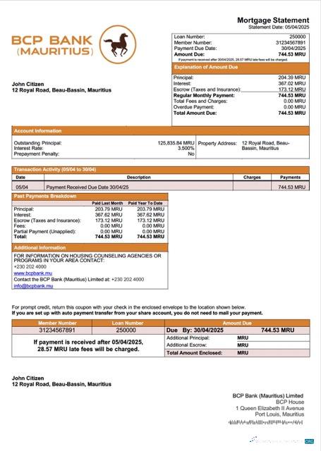 Download Mauritius BCP Bank (Mauritius) Limited mortgage statement Word and PDF template Photoshop template